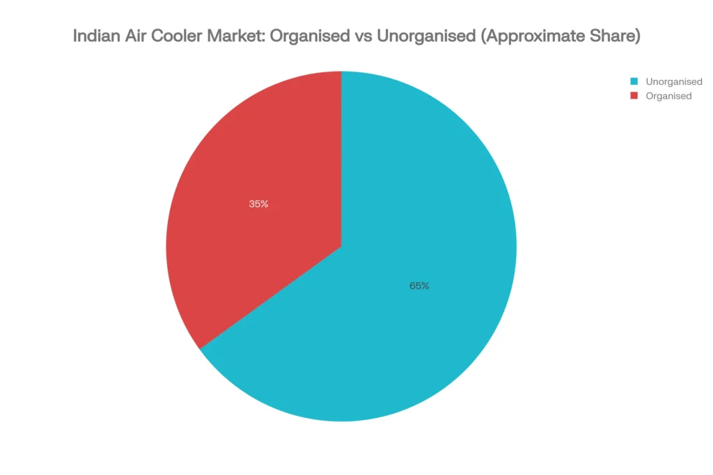 Pie chart showing India air cooler market split — 35% organised brands vs 65% unorganised tin-body players by value (2024–25)