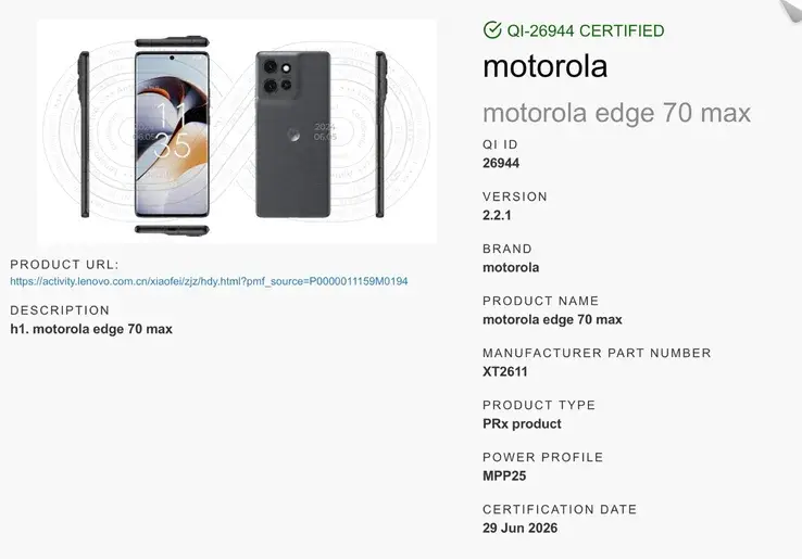 Motorola Edge 70 Max Name Confirmed Via WPC Certification Qi2 25W Wireless Charging, Snapdragon 8 Gen 5 Tipped